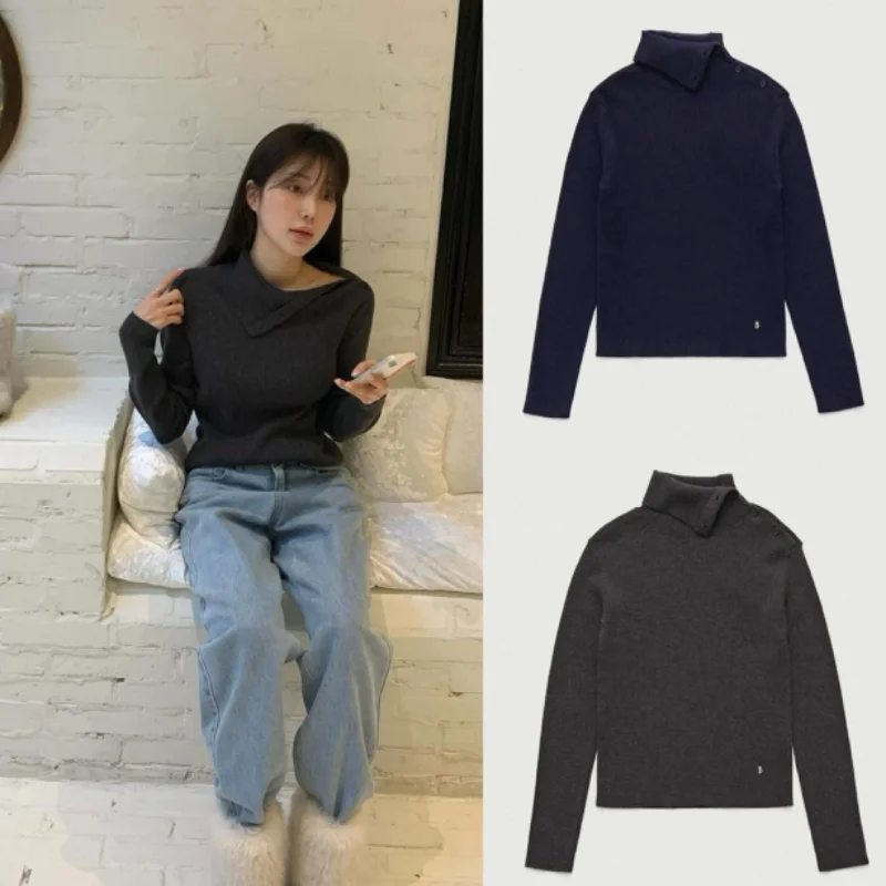 South korea  Eight Milk Fleece Irregular Side Buckle Oblique Turtleneck Button Long sleeve Knit