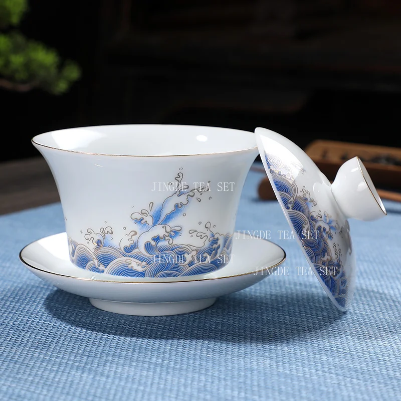 

180ml White Porcelain Covered Bowl Household Ceramic Handheld Tea Maker Tea Set Accessories Underglaze Colored Drinking Utensils