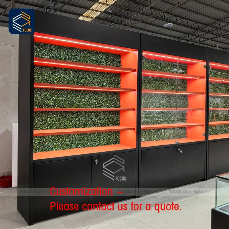

custom.Custom Retail Wall Display Unit Red Back Panel Artificial Green Plant Background LED Lighting Display Cabinet