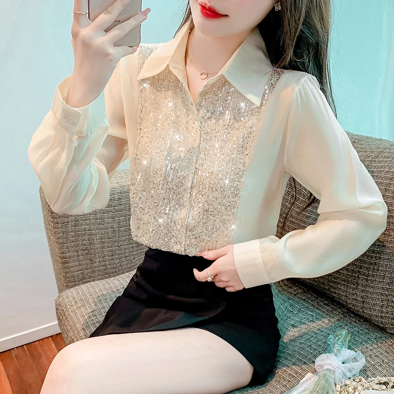 

Ladies Korean Fashion Casual Shiny Shirts Blouse Women Tops Woman Button Up Shirt Female Girls Long Sleeve Blouse Py6903