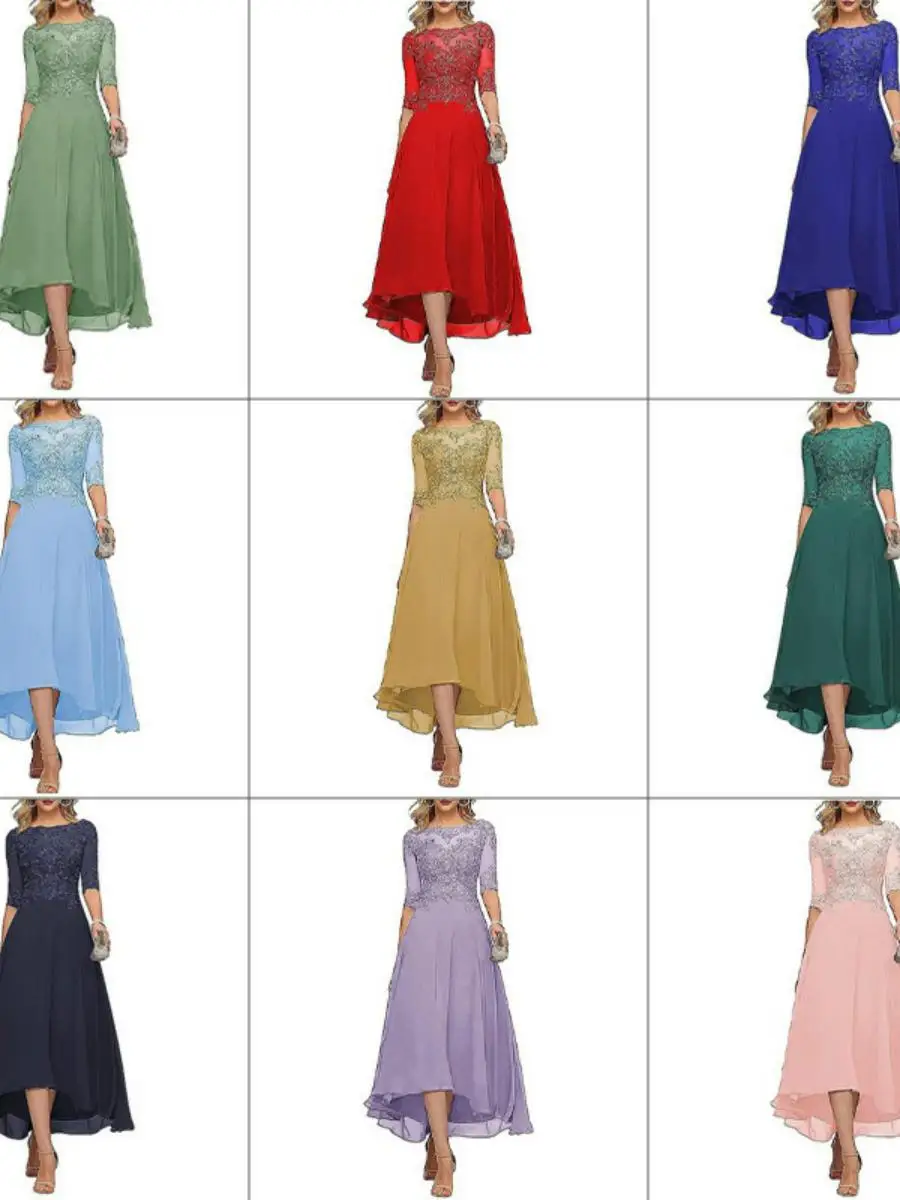 

Elegant Midi Sleeve Lace Dress Multi Color Evening Gown Ball Skirt Chiffon Fabric Wedding Ceremony Suitable mid Waist