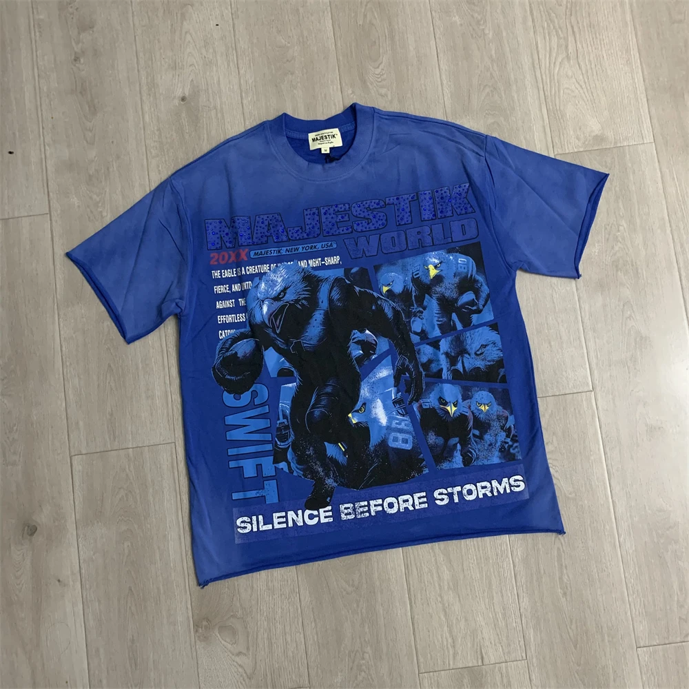 Washed Blue Majestik Eagle rugby player Diamond Inlaid T-shirt Men Women High Quality Tops Tees T Shirt