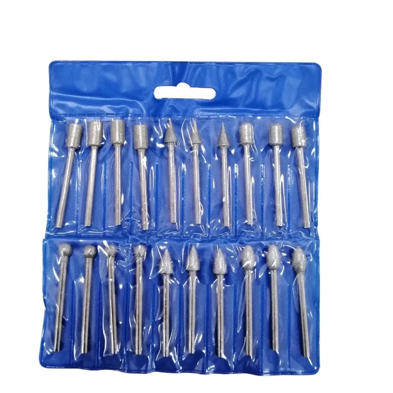 20Pcs Diamond Burr Set 3mm Shank 6mm Head Diamond Grinding Bits Stone Jade Carving Polishing Rotary Tool Accessories