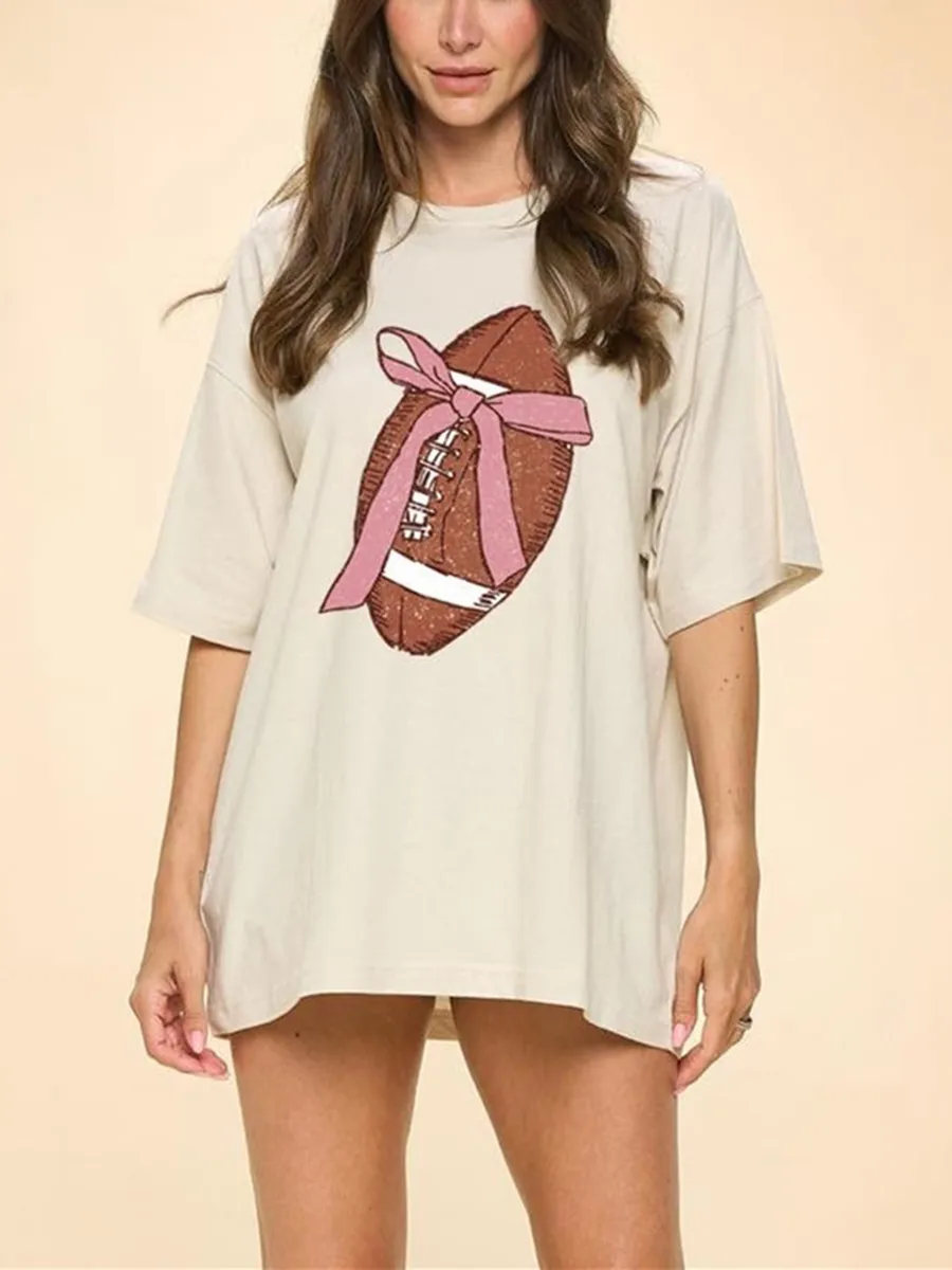 Womens Oversized T-Shirts Summer Casual Loose Football Bow Print Round Neck Short Sleeve Tops Sportwear Tee for Streetwear Y2K