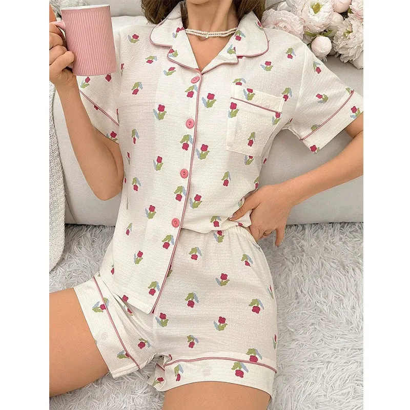New Summer Casual Flower Print Pocket Loungewear Set Comfortable Stylish Pajamas Relaxation L Size Short Sleeve Shorts Casual