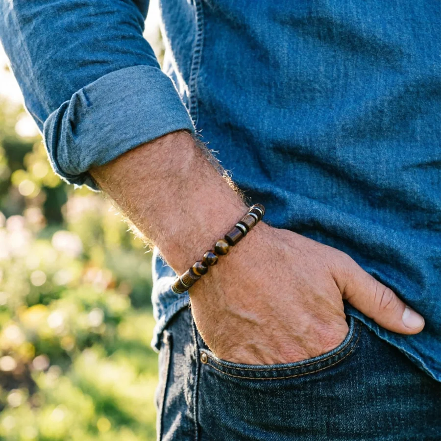 Bracelet vintage en pierre naturelle œil de tigre pour homme, bracelet en perles de bois, bijoux
