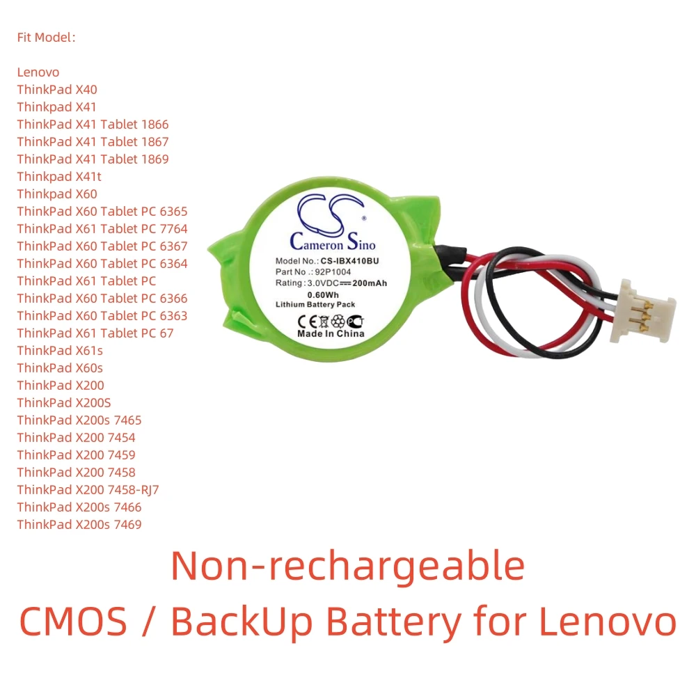 Non-rechargeable Lithium Battery for Lenovo CMOS / BackUp.3.0V,200mAh,ThinkPad X61 Tablet PC 7764,92P1004 23.2004.181