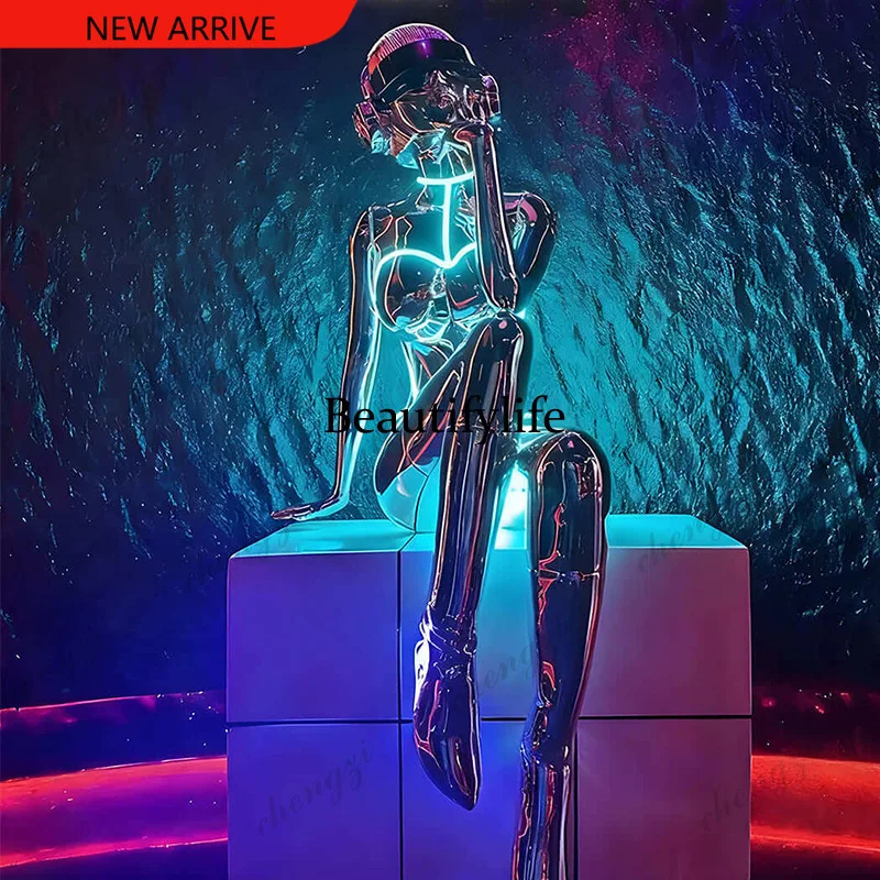 H132 Cyberwind statue electroplated robot sitting floor lamp night bar artwork ornament