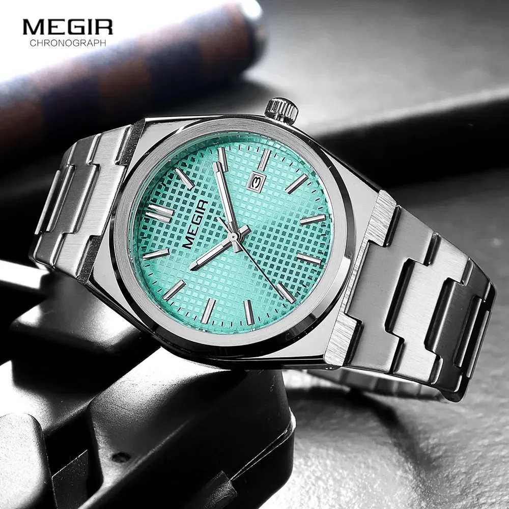 MEGIR Simple Dress Watch for Men Fashion Waterproof Luminous Analog Quartz Wristwatch with Aquamarine Dial Steel Strap Date 1086