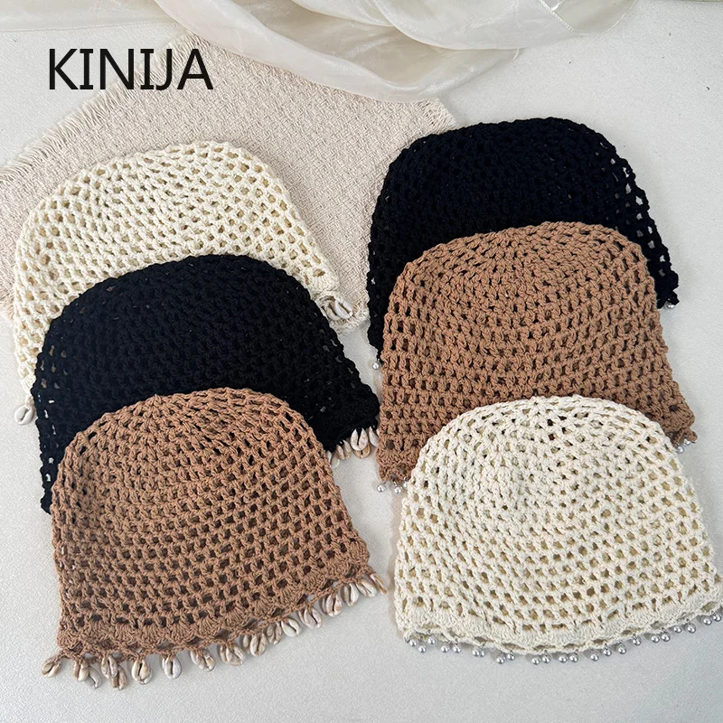 Knitted Scarf /hat Women's Crochet Triangle Headband Hollow Mesh Scarf Beach Pastoral Pearl Hair Scarf Hair Accessories Beanies