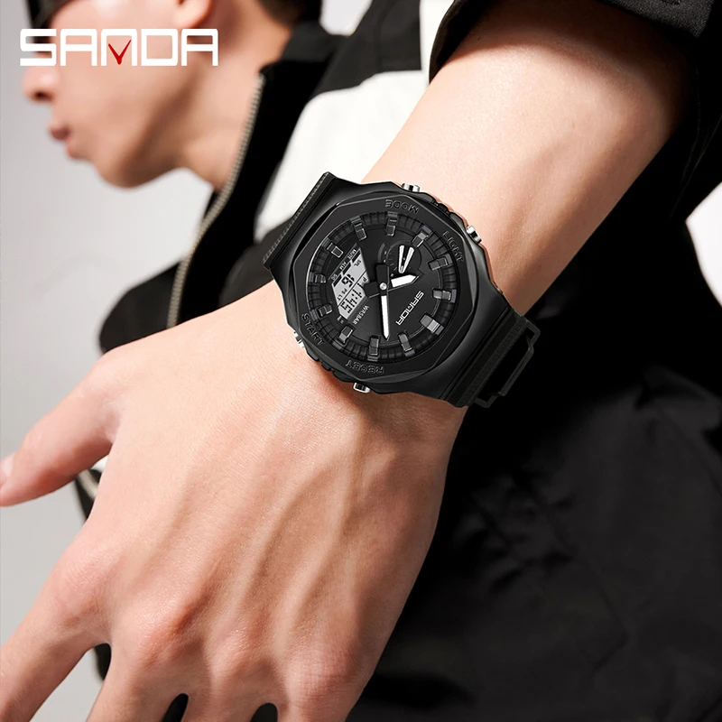 SANDA 3167 สไตล์ใหม่ผู้ชาย Casual ทหารกลางแจ้งกีฬานาฬิกาข้อมือควอตซ์ 50M กันน้ําแฟชั่น Dual Display นาฬิกาผู้ชาย