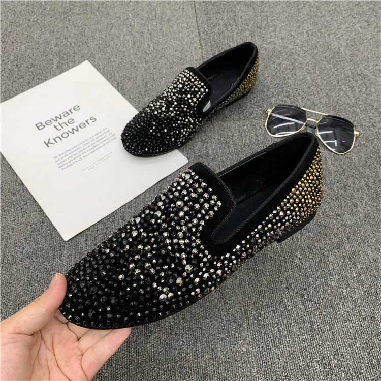 Gold Black Strass Loafers Men Moccasins Crystals Suede Dress Shoes Flats Slippers Casual Shoes Mix Rhinestones men casual shoes