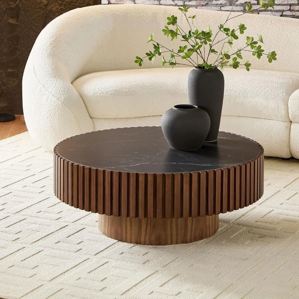 Round Coffee Table 35.43" Wood CoffeeTable with Sintered Stone Tabletop for Living Room Circle CoffeeTableModern Farmhouse Cente