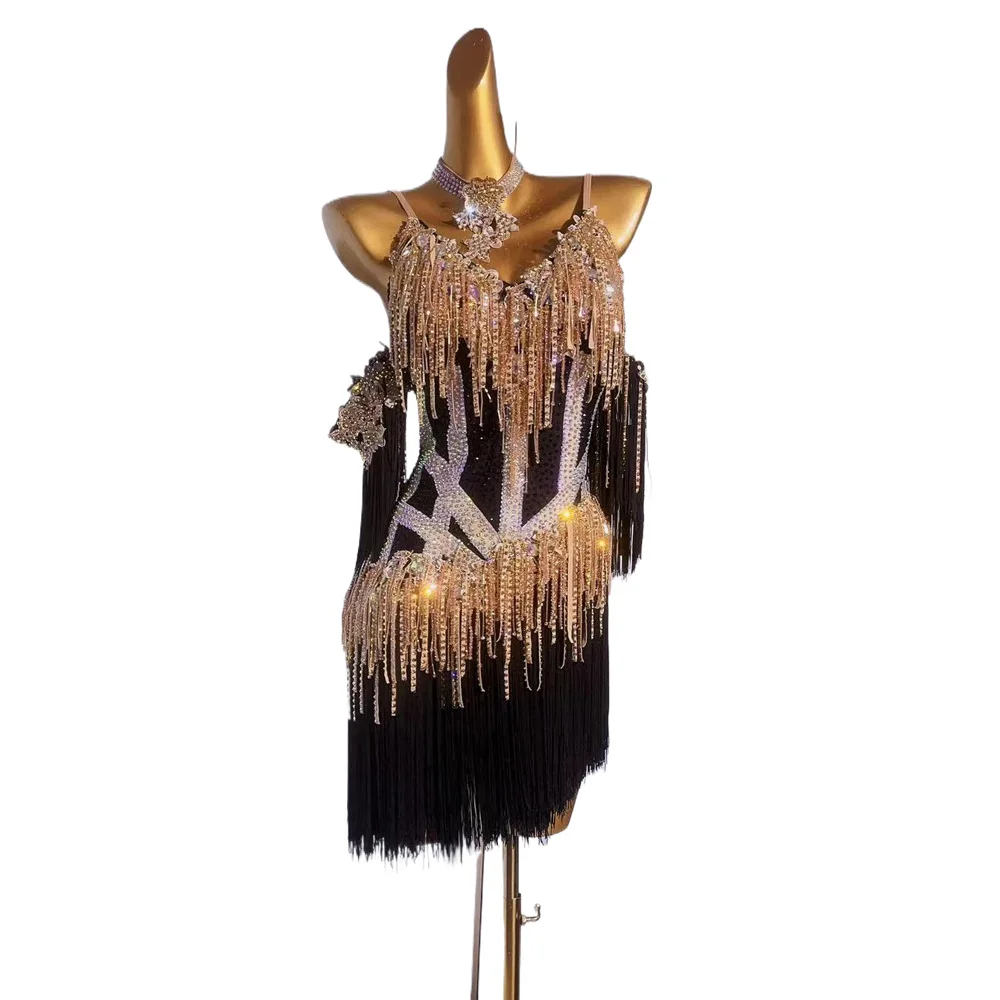 Latin Dance Costume International Stage Competition Uniform Black and White Gold Belt Diamond Samba Style Standard Dress