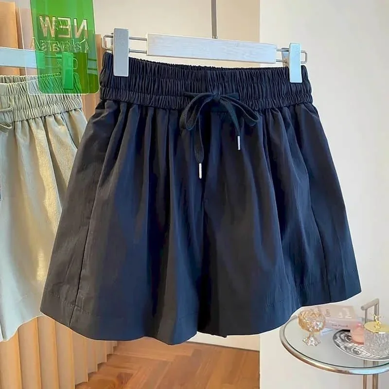 Solidne szorty dla kobiet Sznurowane elastyczne spodnie Casualowe szybkoschnące Harajuku Vintage Luźne koreańskie spodnie z szerokimi nogawkami