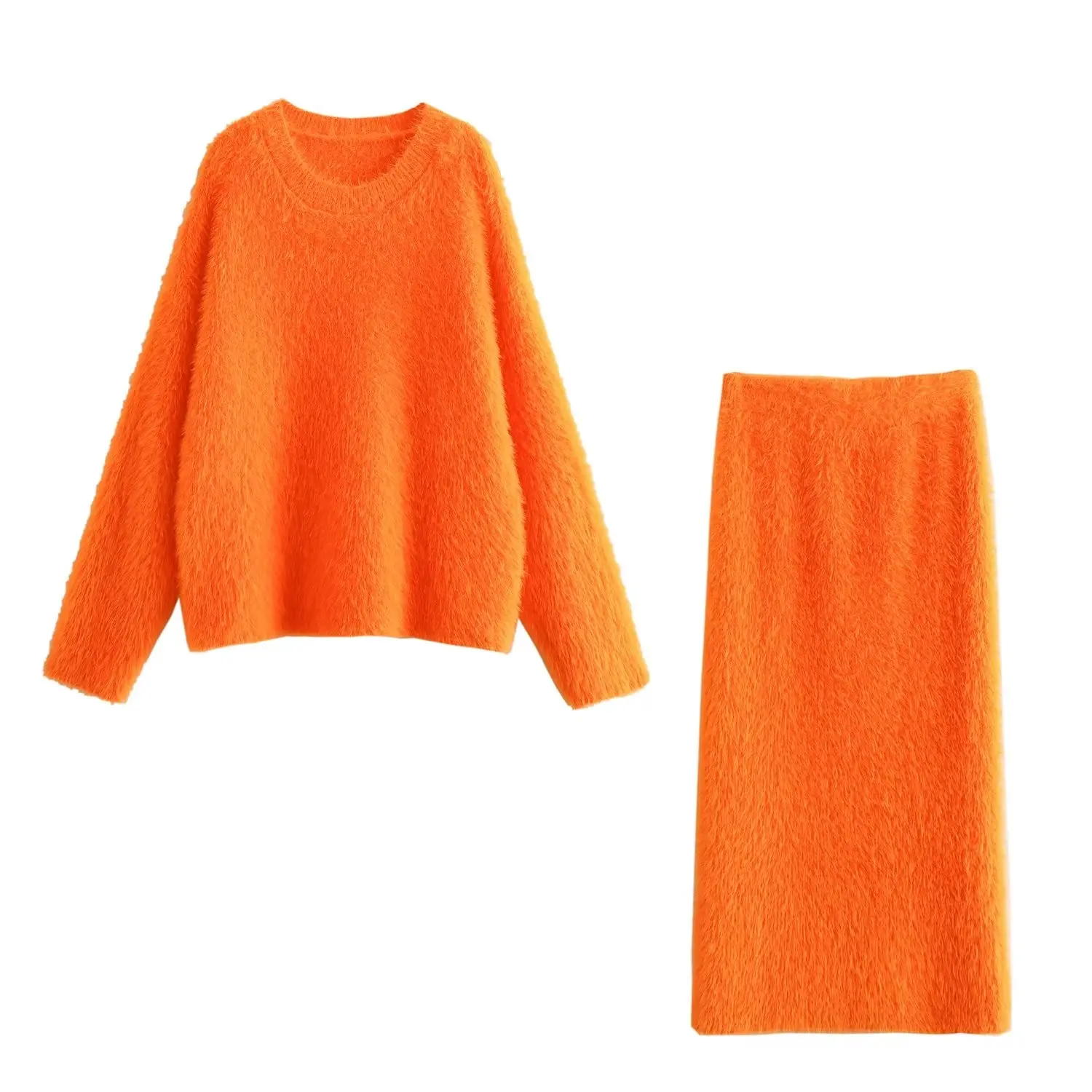 Women O Neck Full Sleeve Loose Knitting Long Hairy Shaggy Oversize Sweater Elastic Waist Midi calf Straight Skirt 2 pieces 1 set