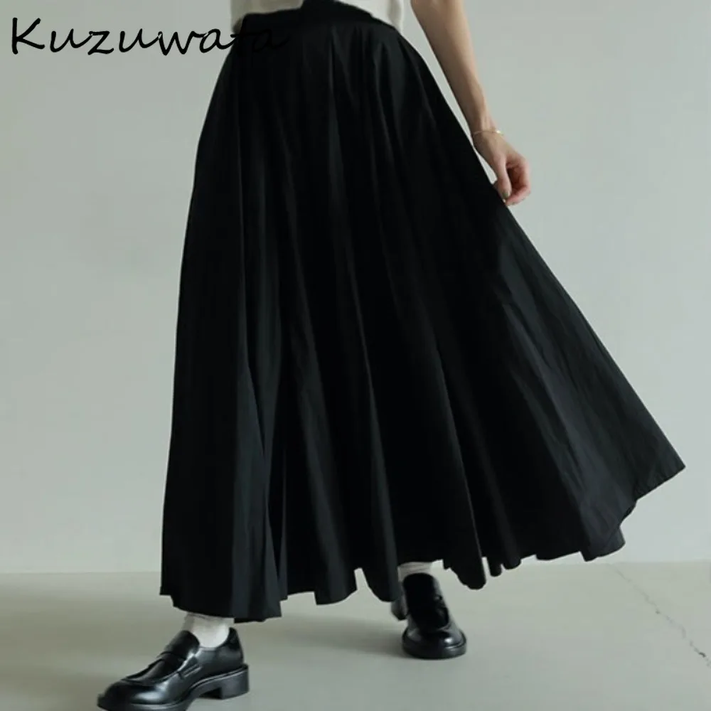 Kuzuwata New A-line High Waist Big Swing Falda Vintage Loose Soft Umbrella Elegant Mujer Faldas Japan Ruched Temperament Skirt