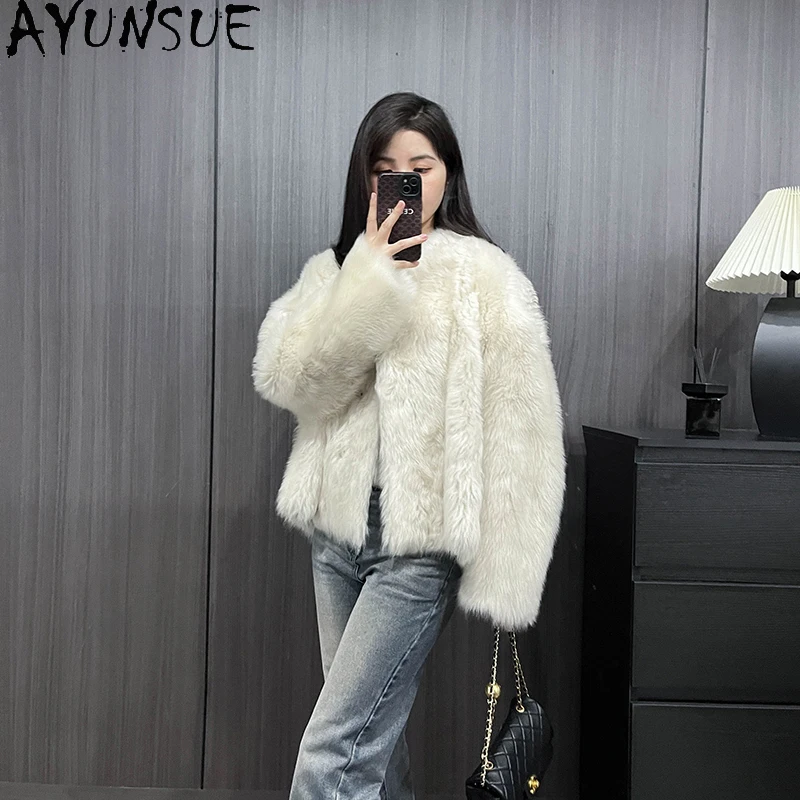 

AYUNSUE, новинка 2025, женская дубленка, куртки из 100% натуральной шерсти для женщин, одежда, прямая меховая куртка с v-образным вырезом Abrigo Mujer