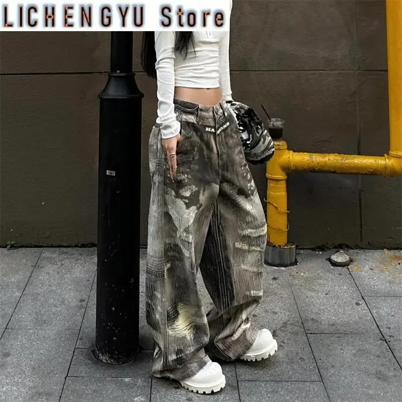 Women'sPrinted Dirty Dye Design Casual Pants Fashion Street Cool Girl Wide Legs Bottoms Female High Waist Straight Trousers