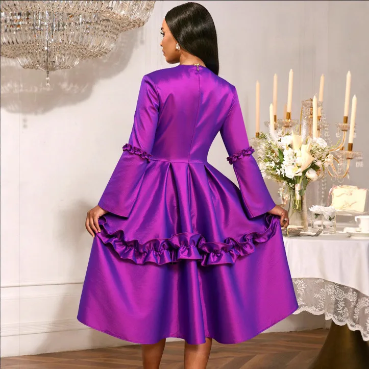 Plus Size African Dresses for Women Purple Elegant 2026 Spring Summer Africa Long Sleeve O-neck Party Evening Midi Dress Outfits