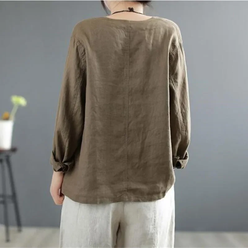 Cotton And Linen Jacket For Women Solid Thin Sun Protection Jacket Chinese Style Literary V-Neck Long Sleeved Cardigan Top E5171