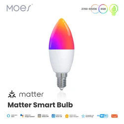 Tuya Matter WiFi Smart Bulb E14 Candle Lamp 6W 470LM Dimmable Led Light RGB APP Remote Control Works with Alexa Google Home