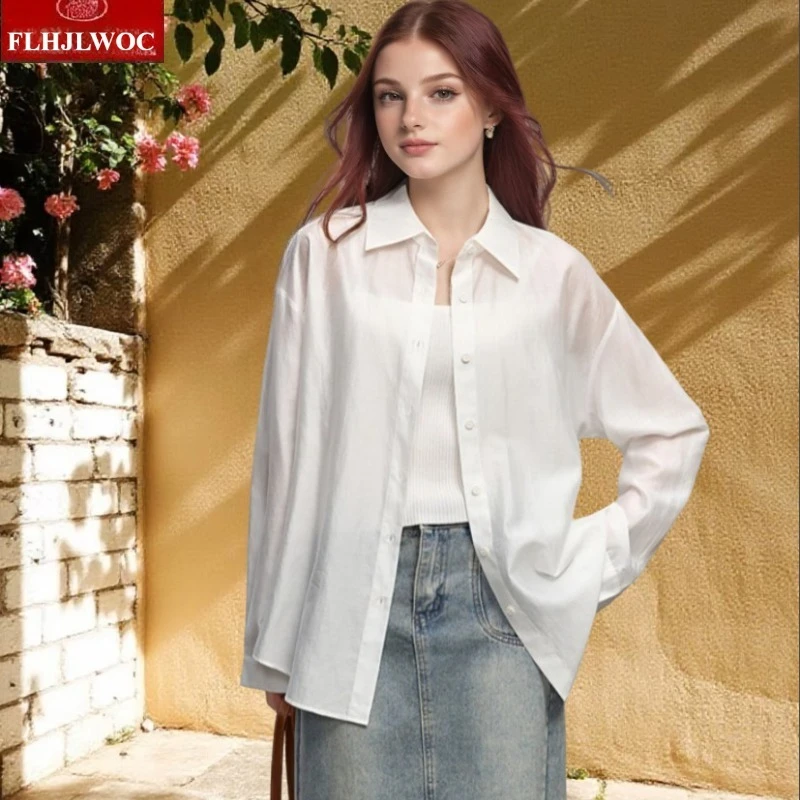 

Sun-protection Korea Chic Tops Blusas Holiday Sheer Mesh Thin Sexy Transparent White Long Boyfriend Shirt Bow Tie Women Blouse