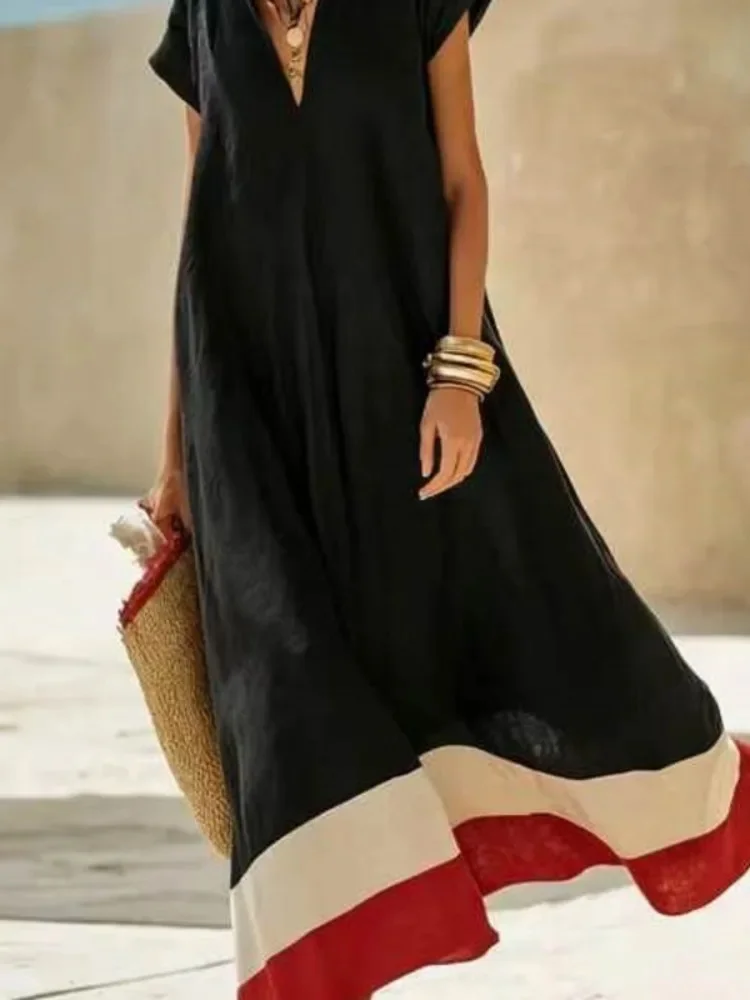 V Neck Cotton Linen Dress, Women Loose Short Sleeve Maxi, Dress Color Block Beach Vacation, Sundress Summer Casual Robe