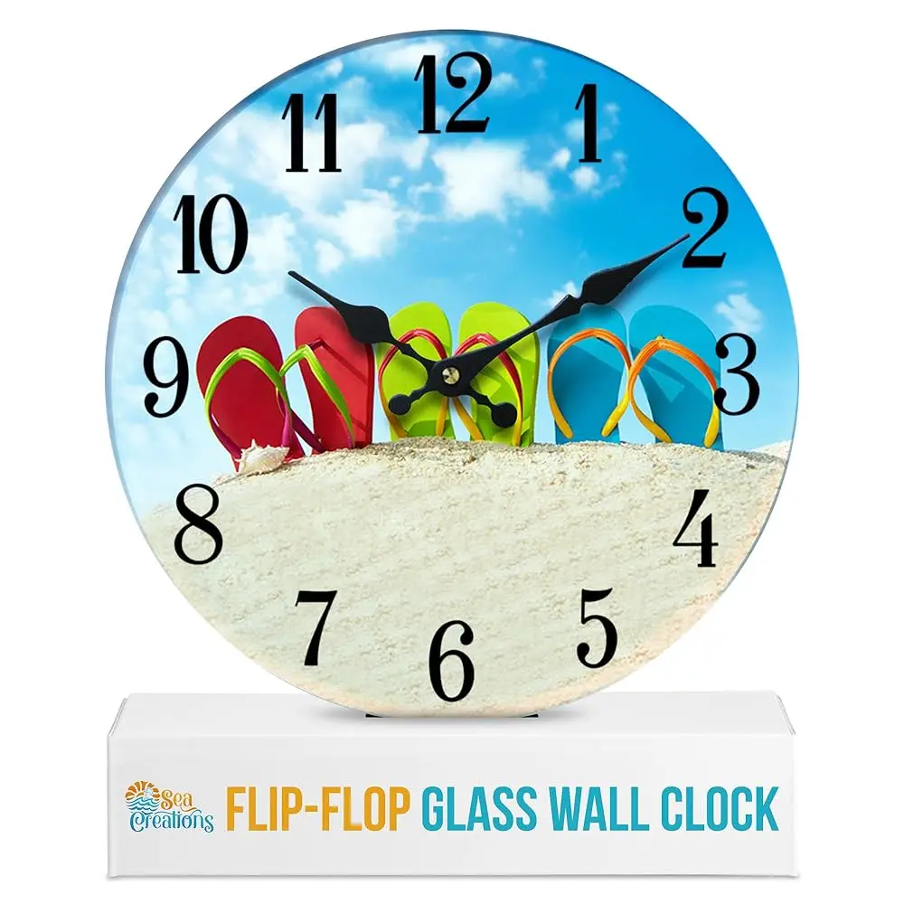 

Flip-Flop Glass Wall Clo - Coastal Nautical Beach Theme, Decorative Timepiece, I For Living Room, Bedroom, Beach House - Beachy