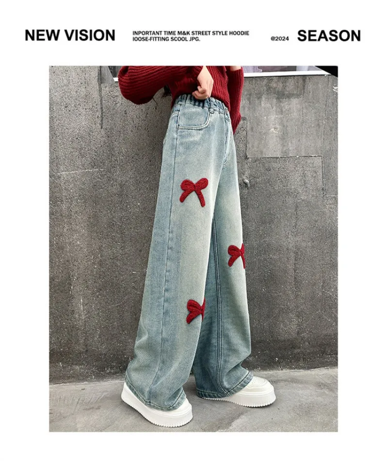 Winter-Jeans aus Lammfell für Mädchen, 4-14 Jahre, Teenager-Mädchen, Jeanshose mit integrierter Schleife und Fleece, lockere Herbst-Jeanshose für junge Mädchen – Detail 9
