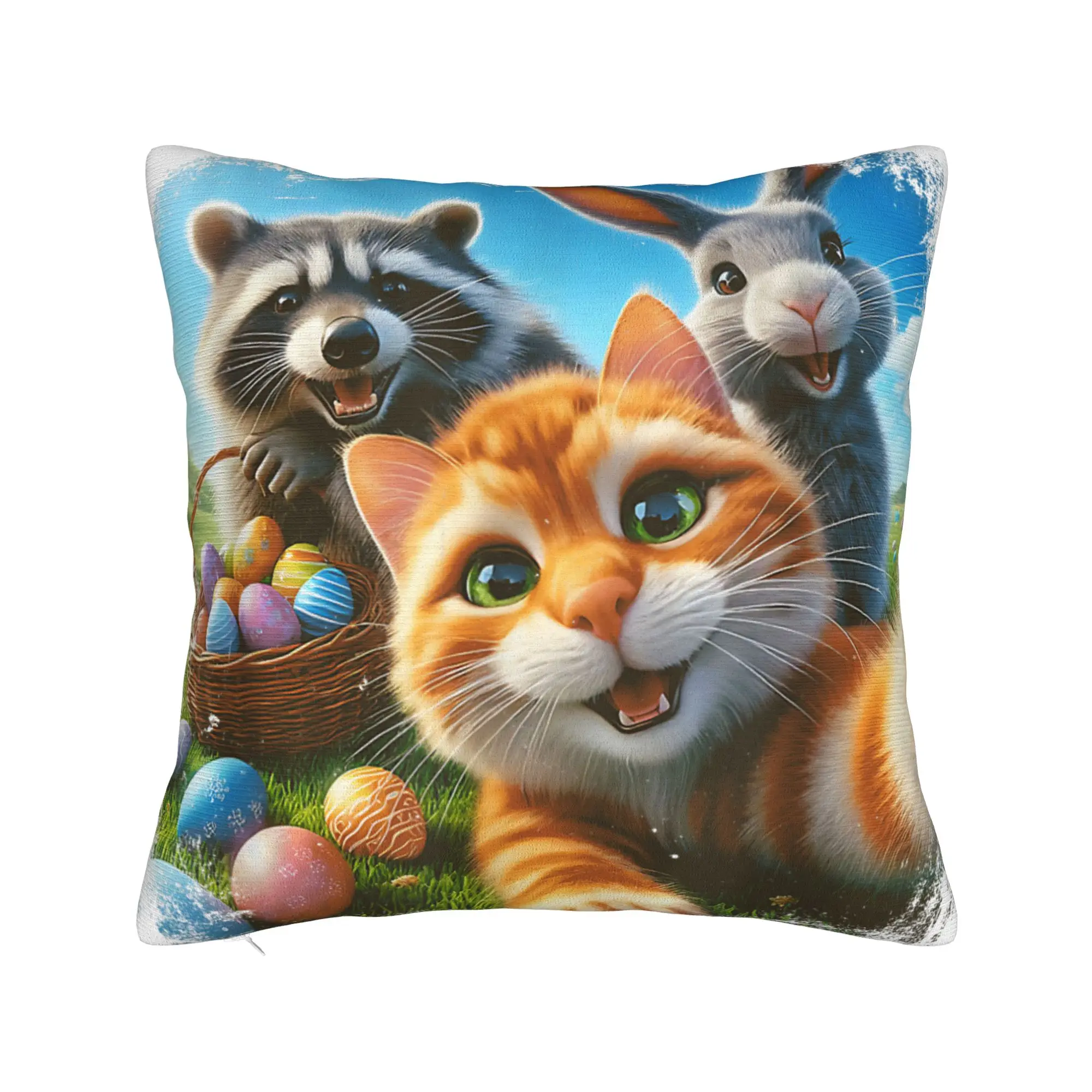 Pillow Case Cat Taking Selfie Easter Bunny Rabbit Comfy  Pillow Cover For Office Car Home Decor Cute Funny Pillowcases