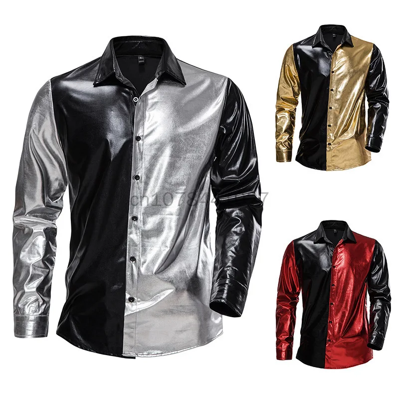 Nieuw Metallic Shirt Mannen Lange Mouw Knoop Naar Beneden Gecoat Disco Shirt Man Jaren 70 Disco Nachtclub Kerstfeest Kostuum Zwart Goud