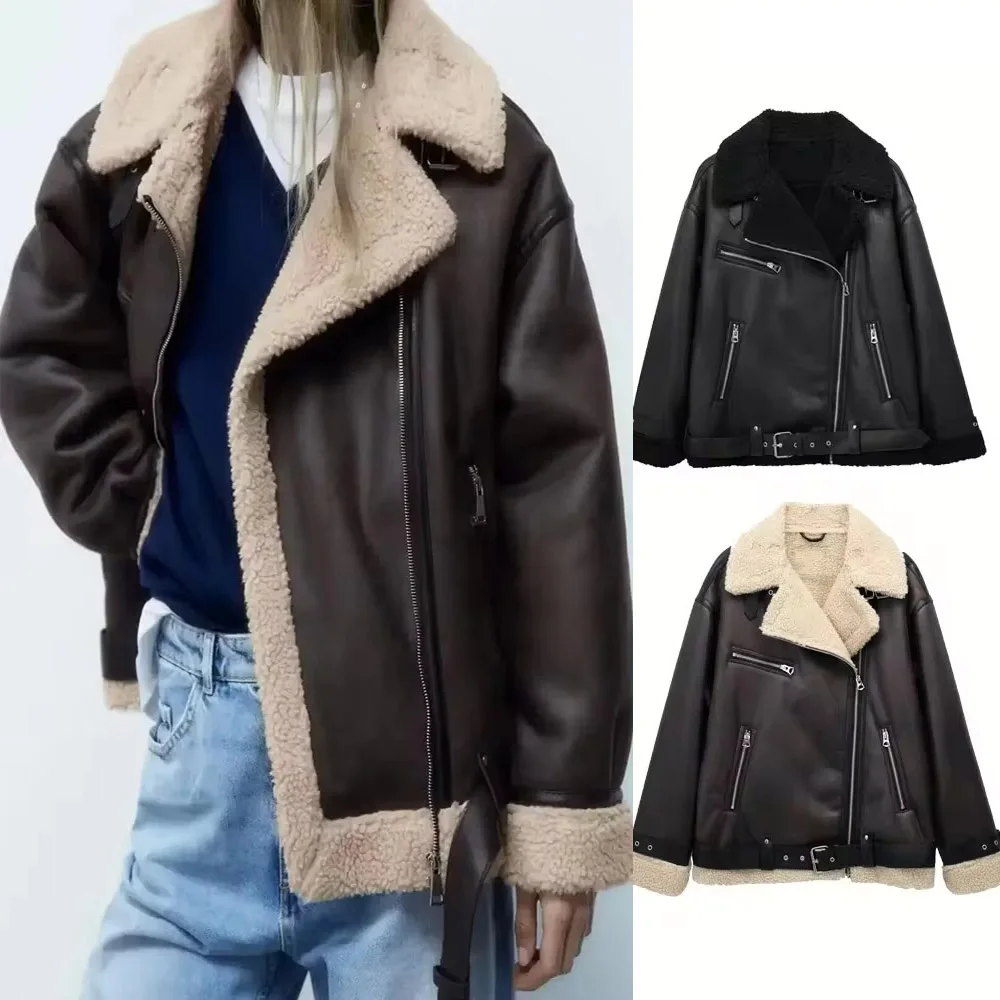 Suninheart Fashion Faux Fur Jacket with Zipper Women Long Sleeve Double-sided Jackets Warm Coat Female Casual Lapel cold coat