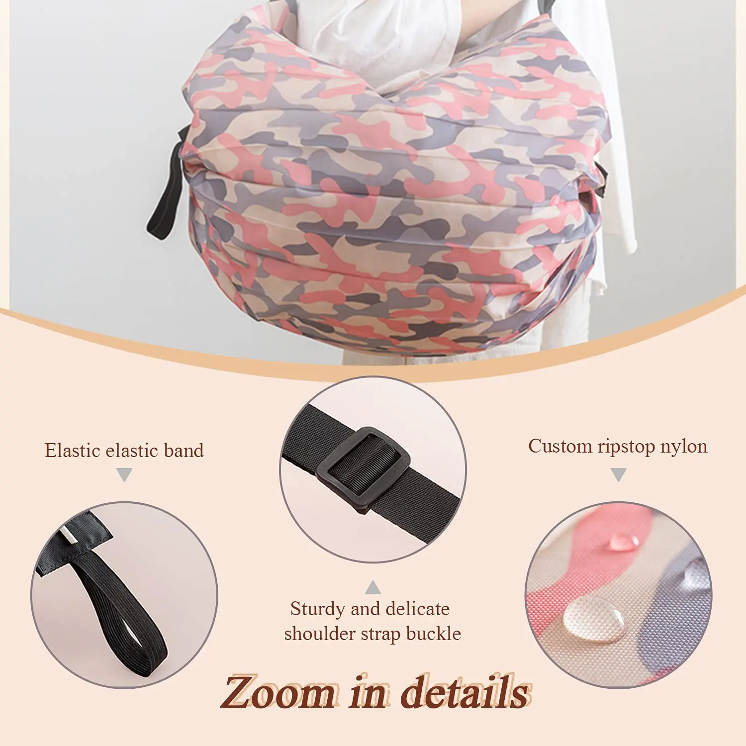 3 Pcs Reusable Shopping Bag Pink Waterproof Foldable Oxford Cloth Travel Beach Bag Supermarket Grocery Portable Storage Bag