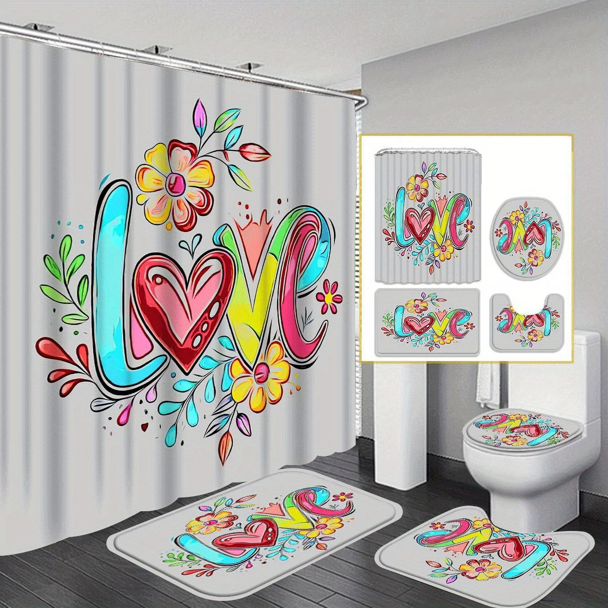 

LOVE Decorative Shower Curtain Bathroom Set - Machine Washable, with 12 Hooks, including Toilet Seat Cover and Bathtub Mat