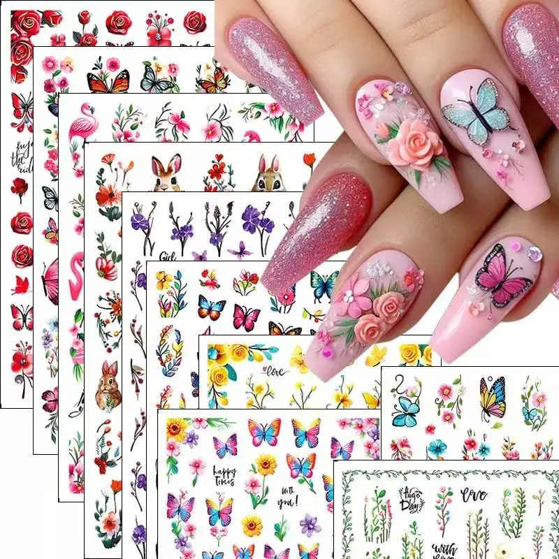 

1PCS New Black And White Butterfly Flowers Nail Art Stickers Y2K Tulip Rose Stickers For Nails Self-adhesive Nail Art Decoration