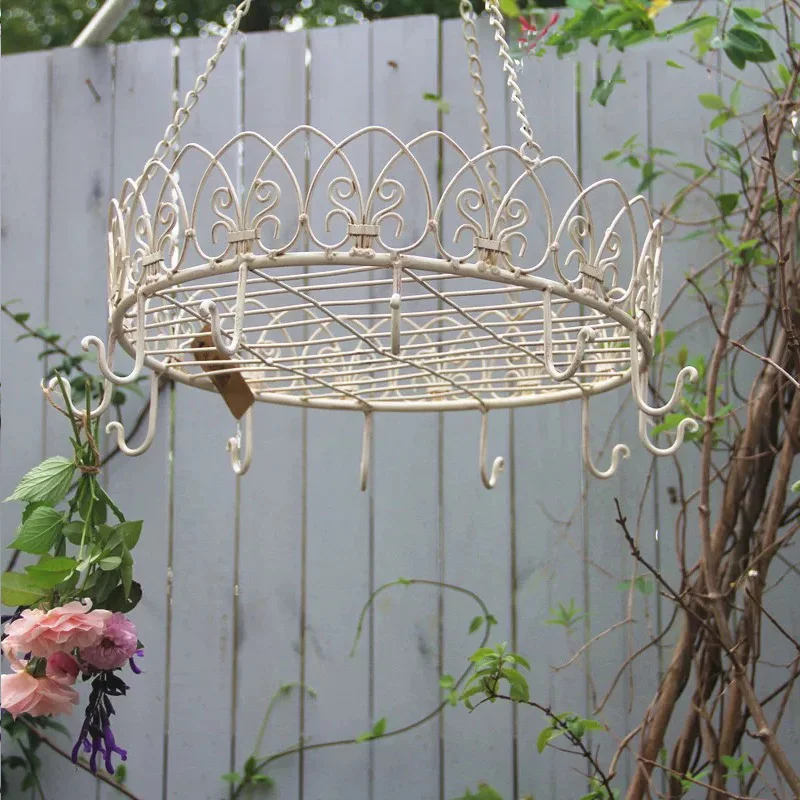 Vintage Iron Hanging Plant Rack, Decorative Crown Design with Hooks, Antique White Chain Mount, Indoor Outdoor Garden Storage