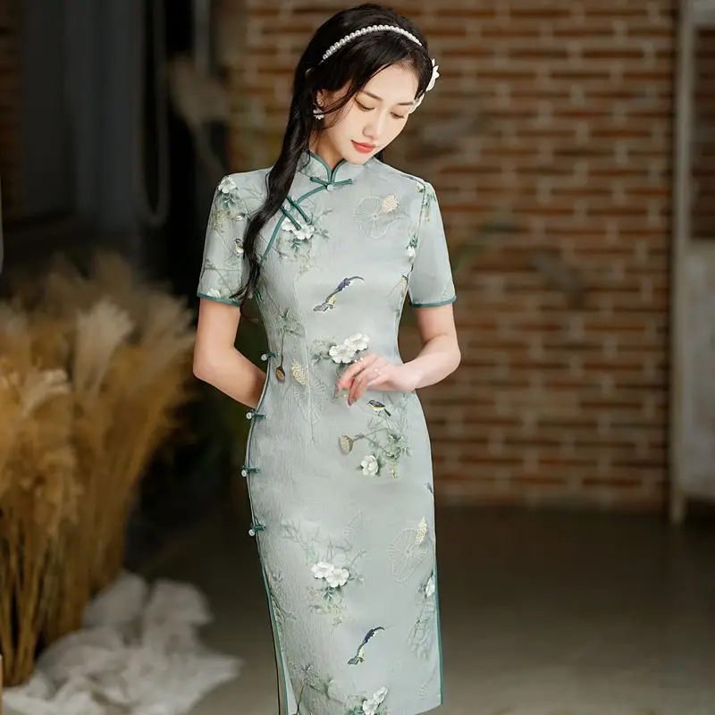 Yourqipao Long Slit Chinese Cheongsam Mid-sleeve Plus Size Performance Banquet Annual Party Mom Cheongsam Autumn