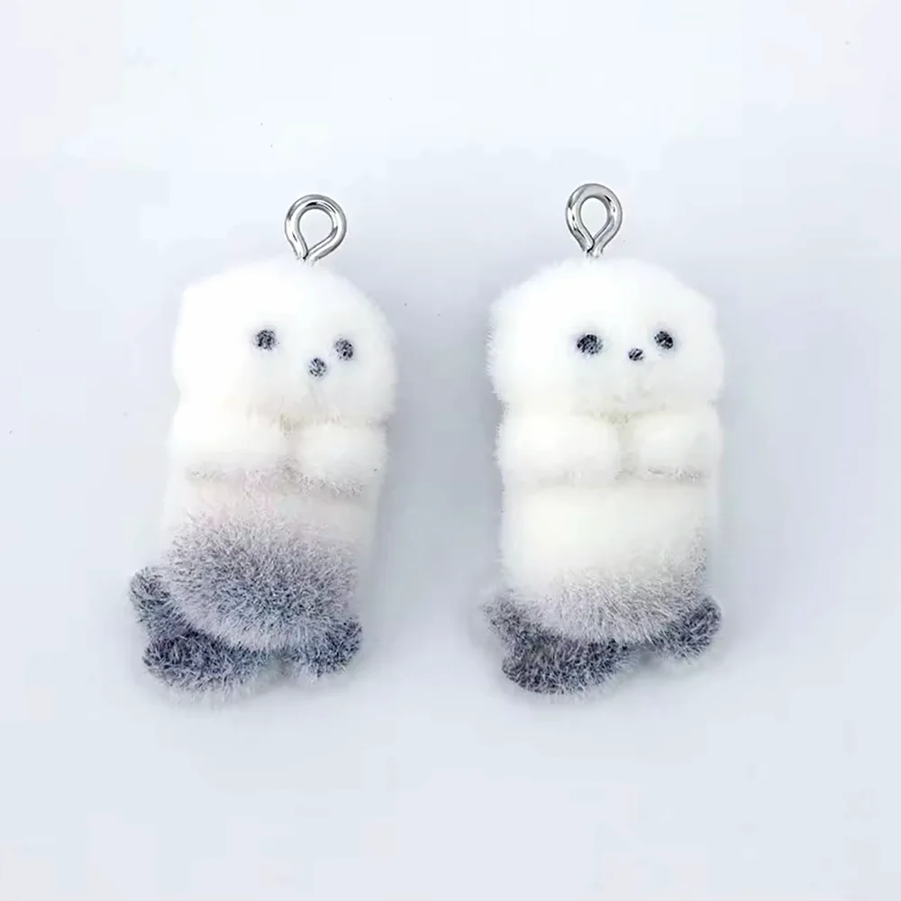

30PCS Diy 3D Flocking Otter Charms Accessories Plush Animal Doll Resin Pendant for Earring Keychain Crafts Jewelry Making