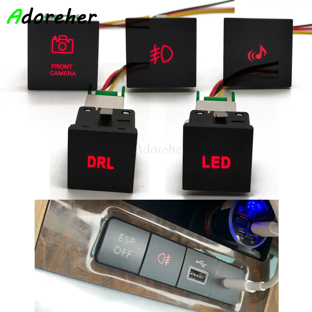 

1Pc Car Red LED Light DRL Rear Fog Lamp Front Camera Music Switch Button With Wire for VW Golf 6 MK6 Golf 5 Jetta 2006-2012