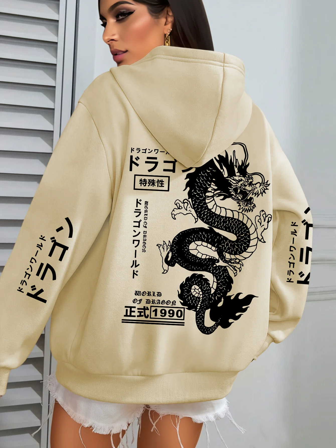 Japanischer Drachen-Grafik-Hoodie für Damen, Streetwear, Rücken- und Ärmel-Print, Kapuzenpullover, lässiger, lockerer, übergroßer Pullover-Hoodie – Detail 9