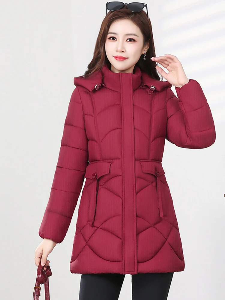 

Модная женская пуховая хлопковая куртка средней длины, новинка 2025, облегающий рукав со съемным капюшоном и рукавами для поездок на работу