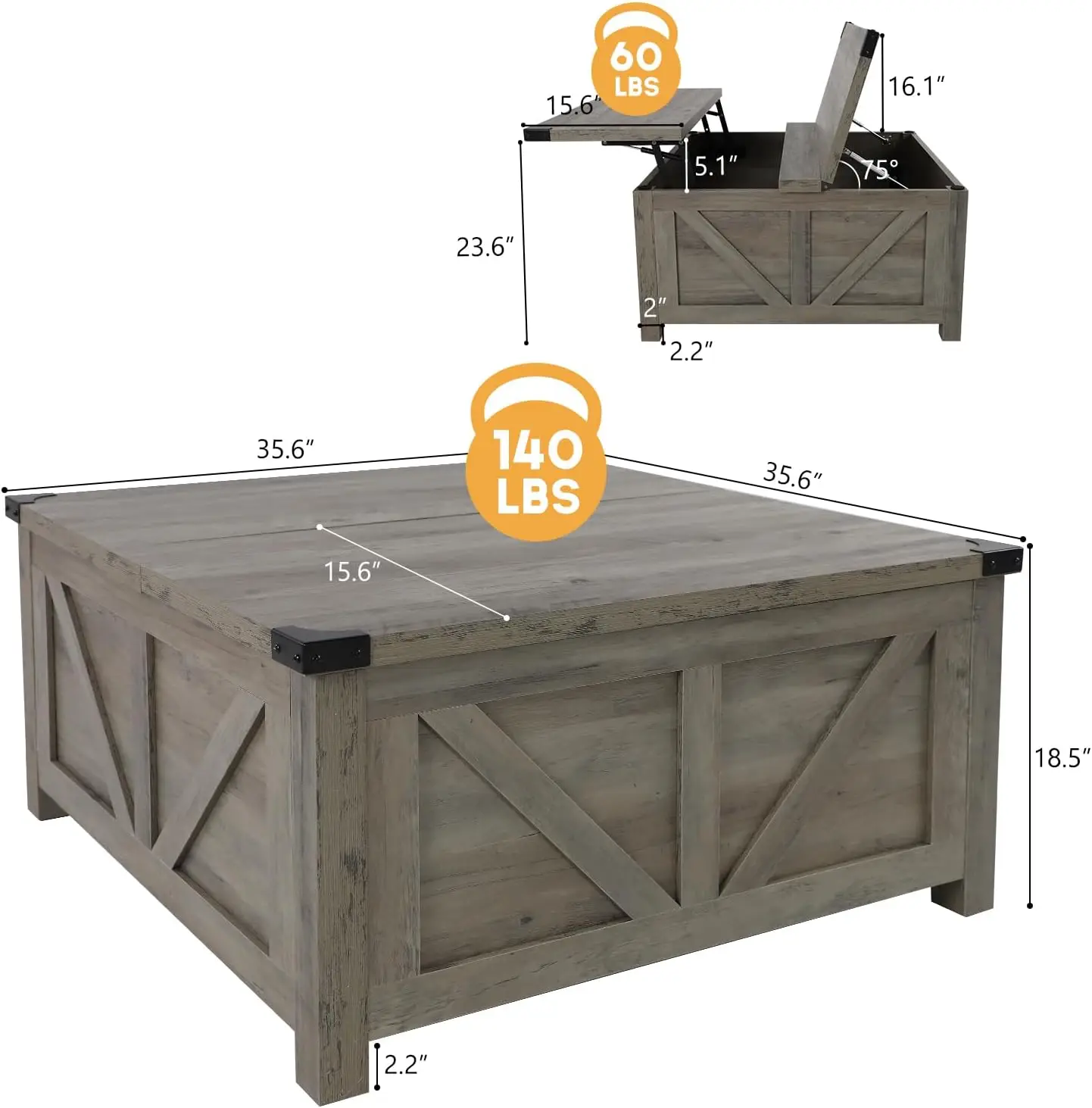 Table basse surélevée de ferme avec espace de rangement, table centrale carrée en bois avec station de développement et port USB