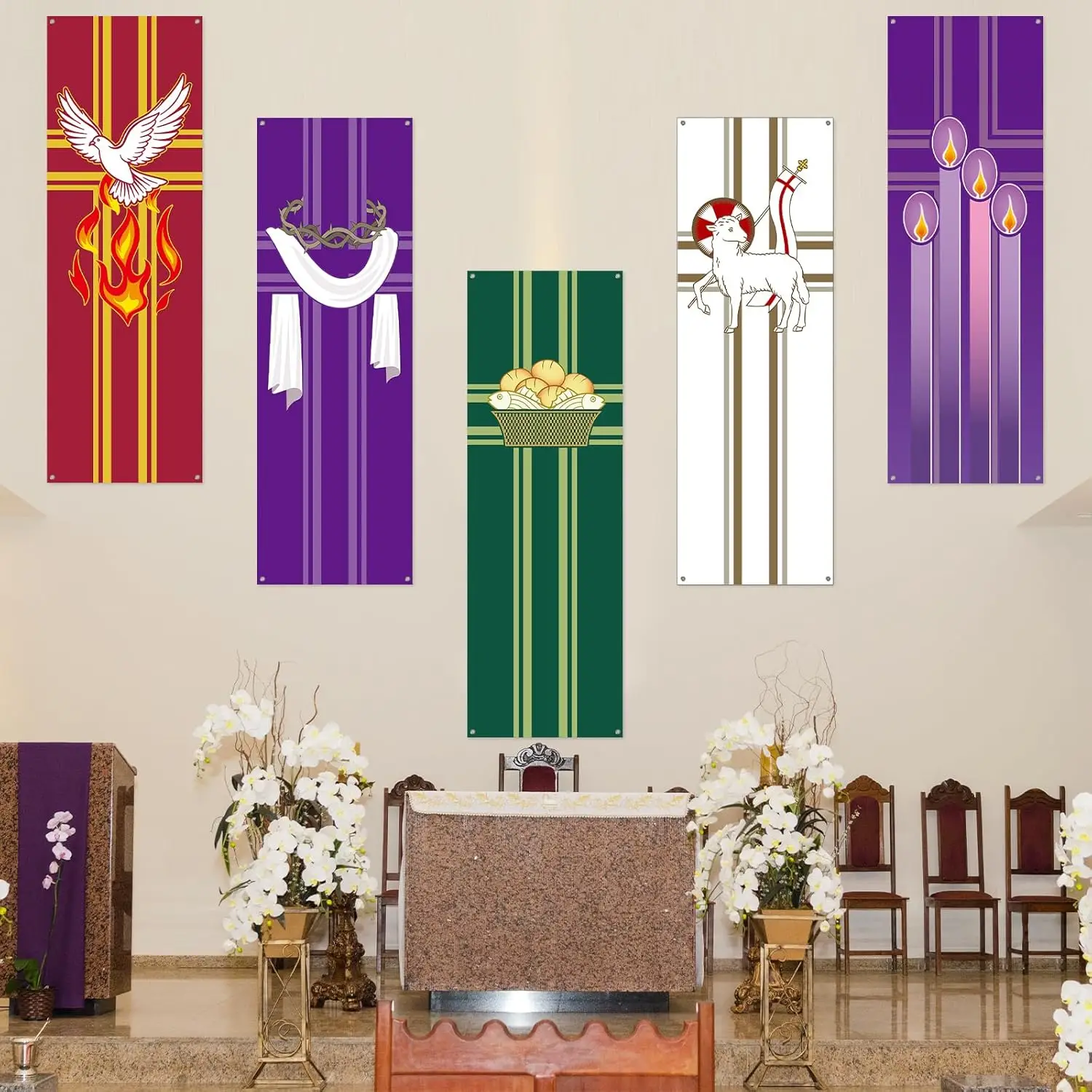 5Pcs Religious Easter Church Banner with Scripture Banners for Sanctuary Wall Prayer Flag Welcome Religious Praise Hanging Signs