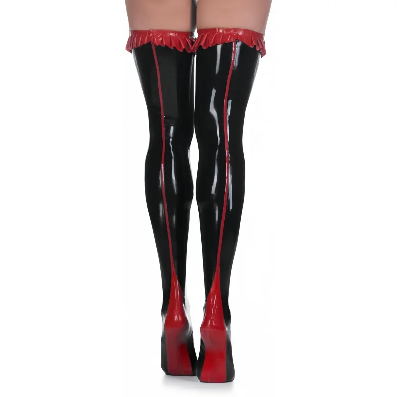 

Latex Stirrup Stockings Thigh High Stockings Red Ruffle Customized 0.4mm
