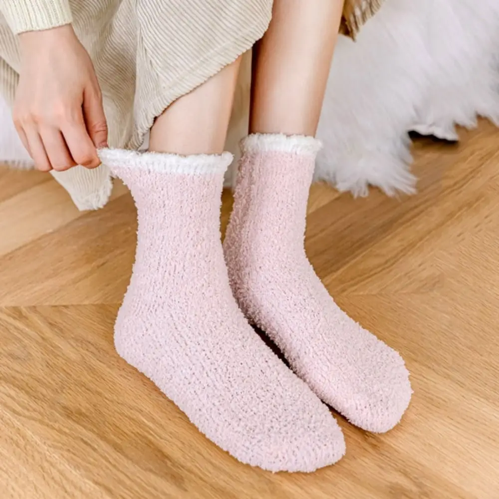 

6Pairs Cute Plush Solid Fleece Socks Thicken Warm Coral Fleece Socks Kawaii Hosiery Sleeping Socks Women Girls