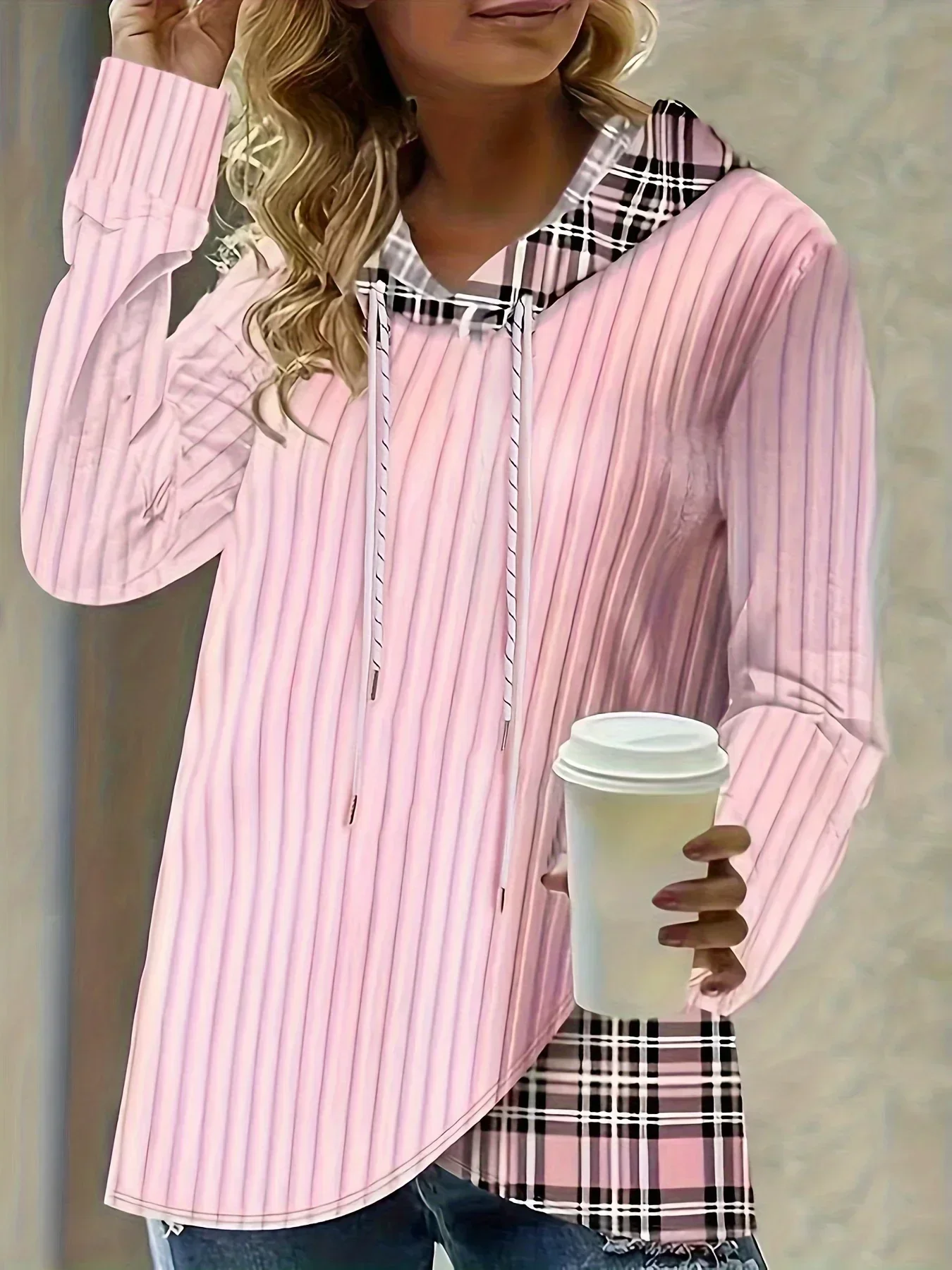 

Women Plus Size 1XL-5XL Casual Hoodie Sweatshirt Pullover Women's Colorblock Plaid Print Long Sleeve Drawstring Hoodie