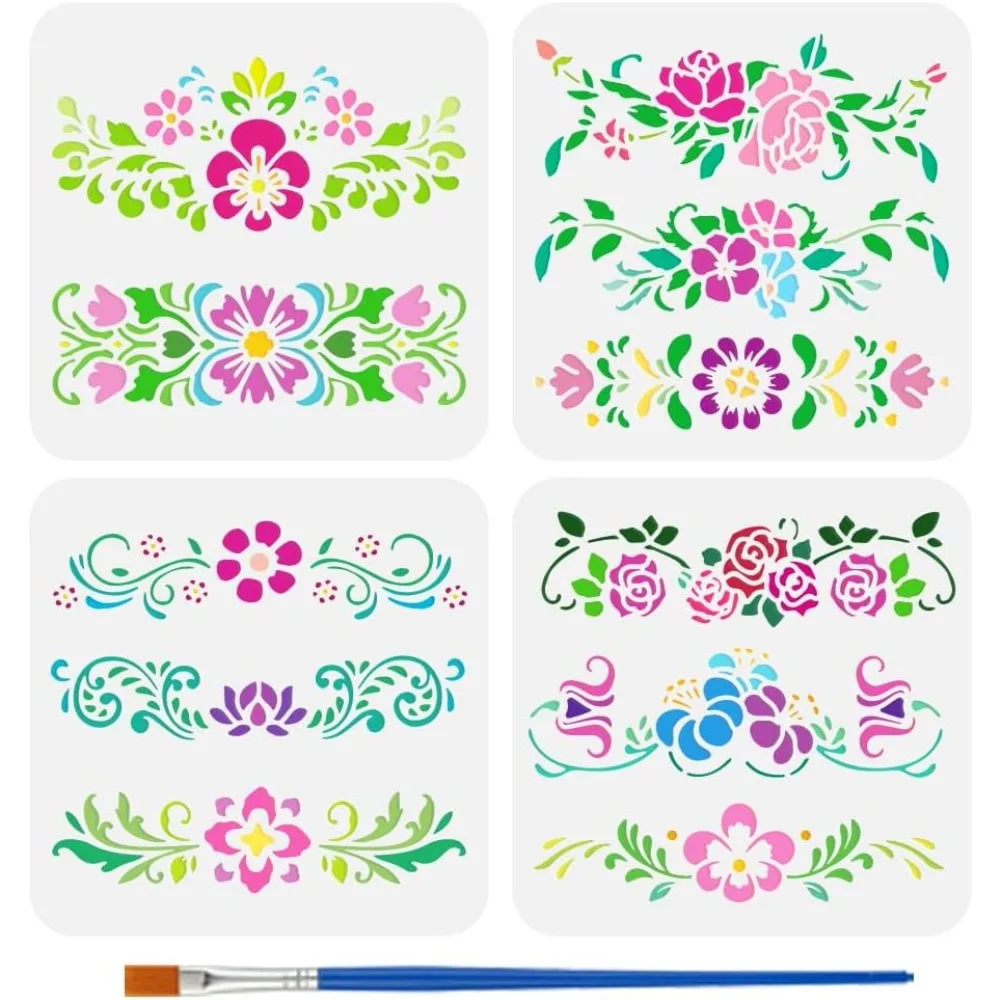 4PCS Floral Border Painting Stencil with Paint Brush 7.9x7.9 Inch Reusable Flower Leaves Drawing Template Decorative Rose