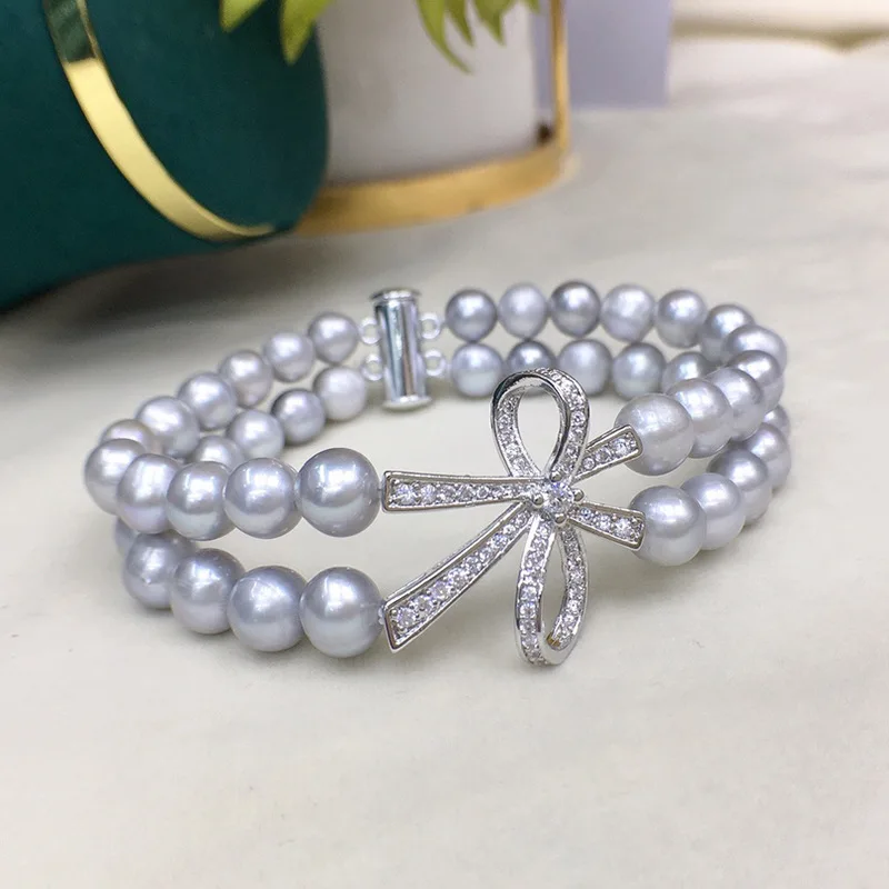 Handmade natural 2 row 8-9mm freshwater gery pearl bracelet micro inlay zircon bowknot accessories clasp 20cm-23cm