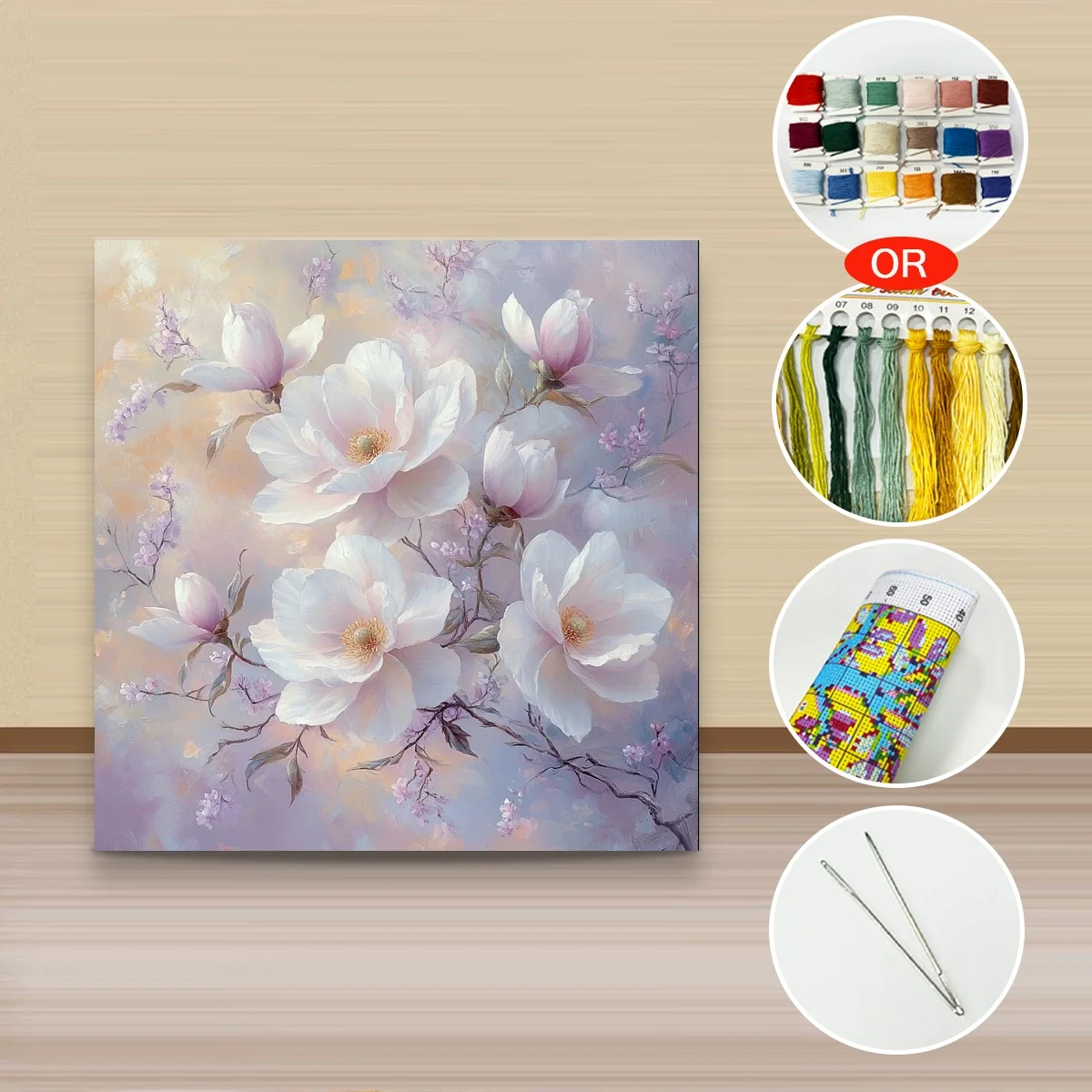 1 Stück 40x40 cm/15,74 Zoll, 11Ct/14Ct Kreuzstich-Set, DIY Valentinstagsgeschenk, Stickerei-Set für Festlichkeiten, Magnolienblütenzweig – Detail 3